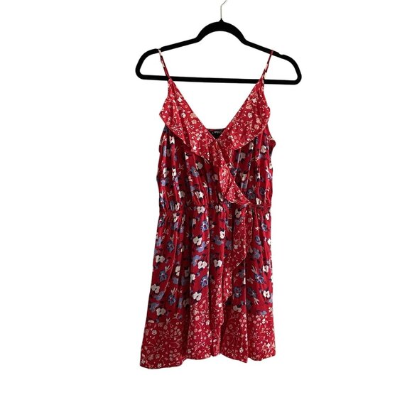 Express Women Sz L Red Floral Faux Wrap Adj Spaghetti Strap Ruffled Sundress - Picture 2 of 11